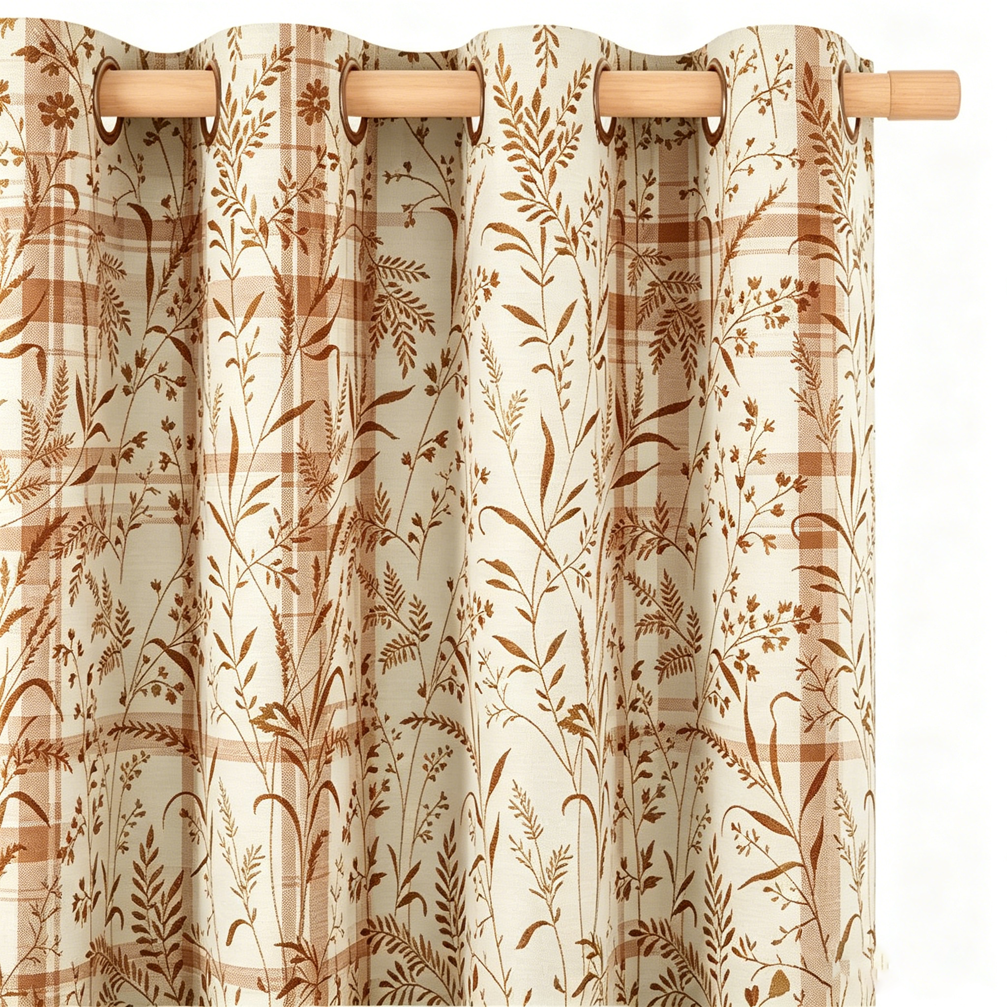 Heritage Taupe Plaid Meadow Botanical Grommet Curtain Panel