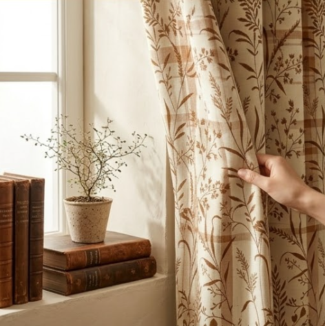 Heritage Taupe Plaid Meadow Botanical Grommet Curtain Panel