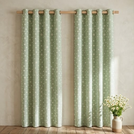 Muted Sage Daisy Meadow Grommet Curtain Panel