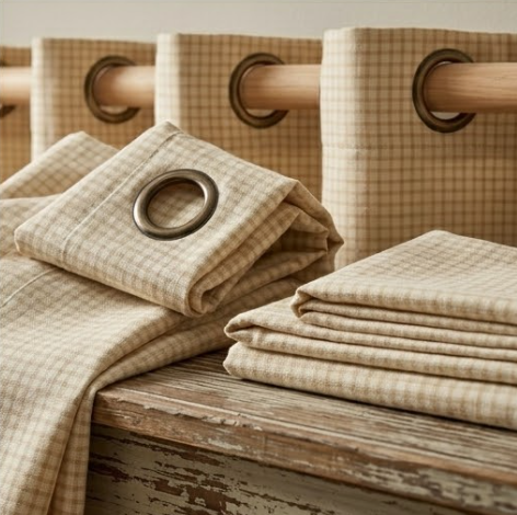 Champagne Gold Micro-Check Grommet Curtain Panel